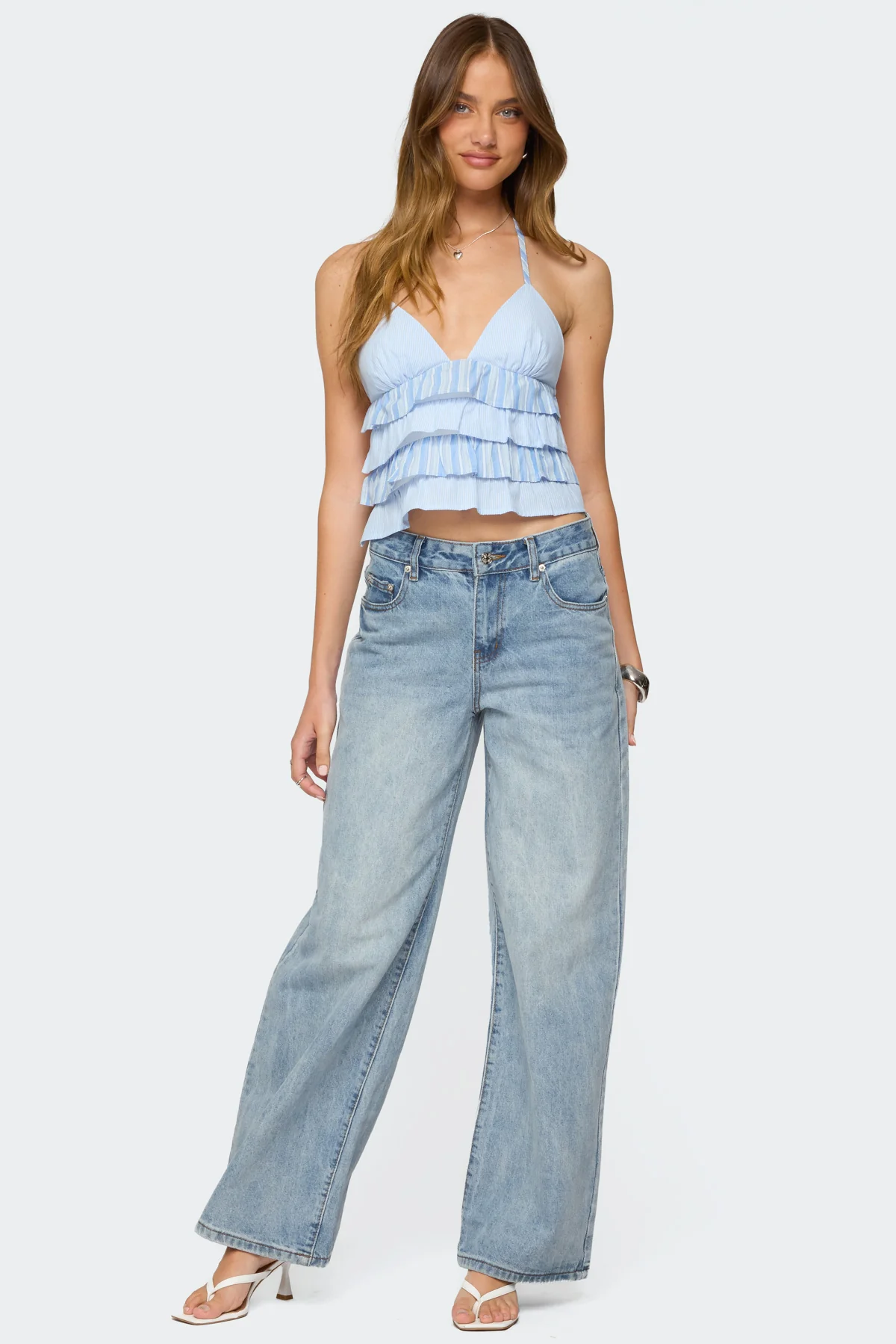 Tiered Ruffle Backless Striped Halter Top - Image 5