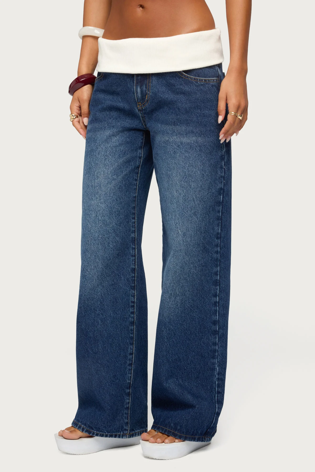 Knit Foldover Low Rise Baggy Jeans - Image 3