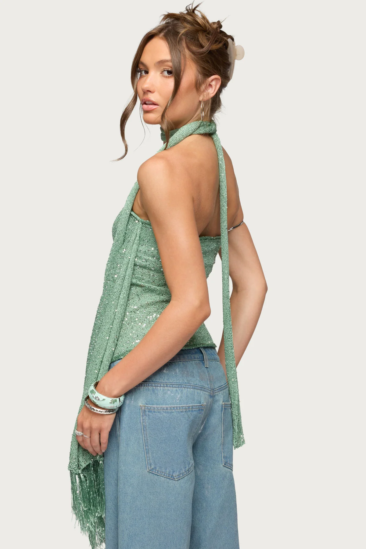 Two Piece Sequin Knit Scarf Top - Image 5